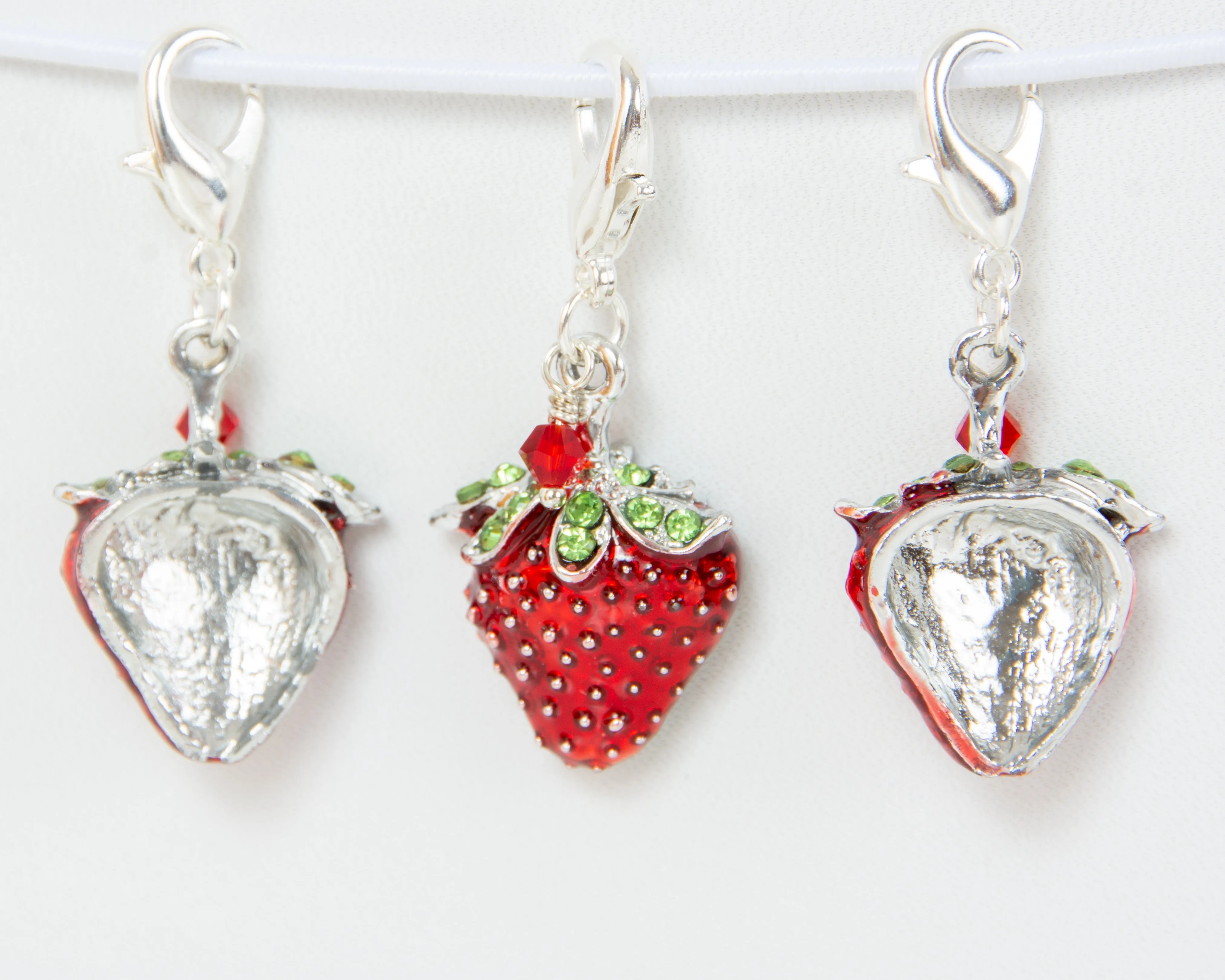 Red Enamel Strawberry Charm with Rhinestone Accents and Austrian Crystal