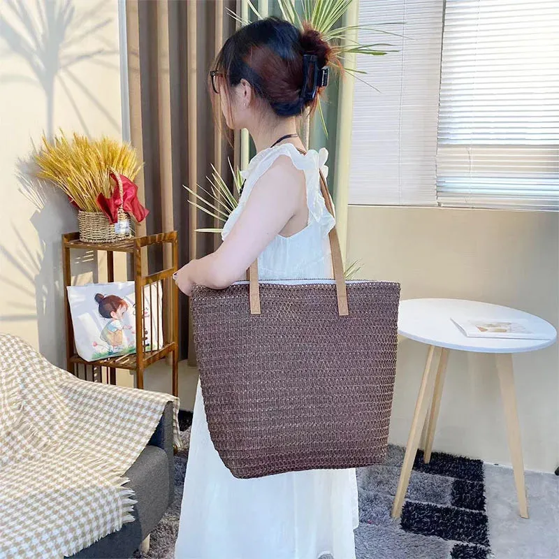 Solid Color Beach Straw Shoulder Bag