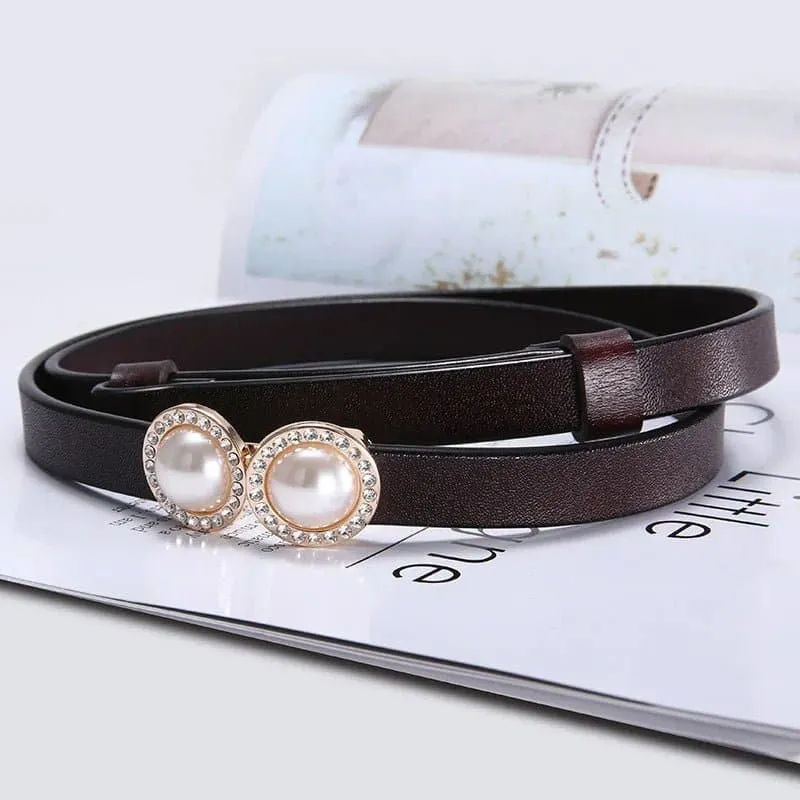 Thin Leather Waistband with Fashion Pearl Design Buckle - Elegant Retro Style - High Quality Cowhide - Adjustable Fit - 1.4cm Width