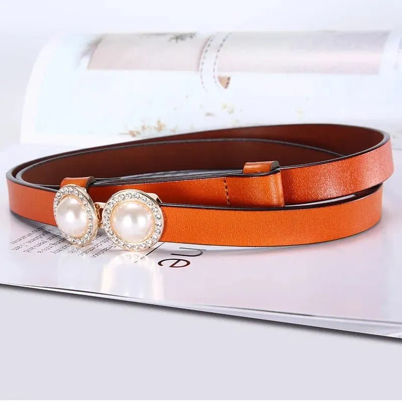 Thin Leather Waistband with Fashion Pearl Design Buckle - Elegant Retro Style - High Quality Cowhide - Adjustable Fit - 1.4cm Width