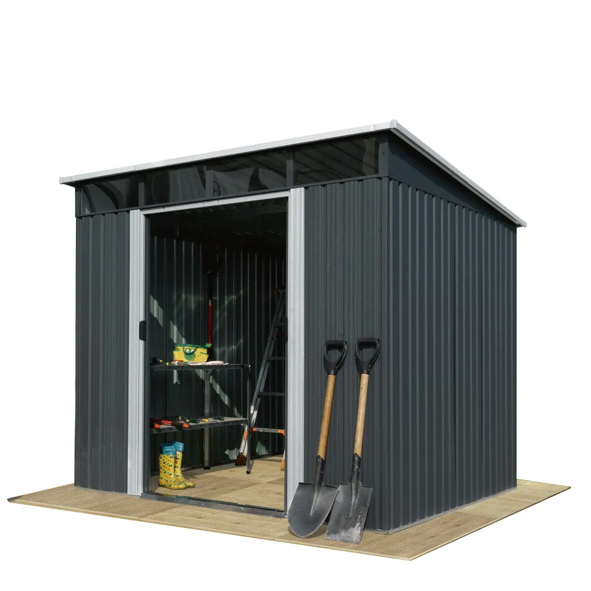 TMG Industrial 8’ x 9’ Galvanized Metal Pent Shed w/Skylight, 29 GA Corrugated Metal, 80” Peak Ceiling, TMG-MS0809P