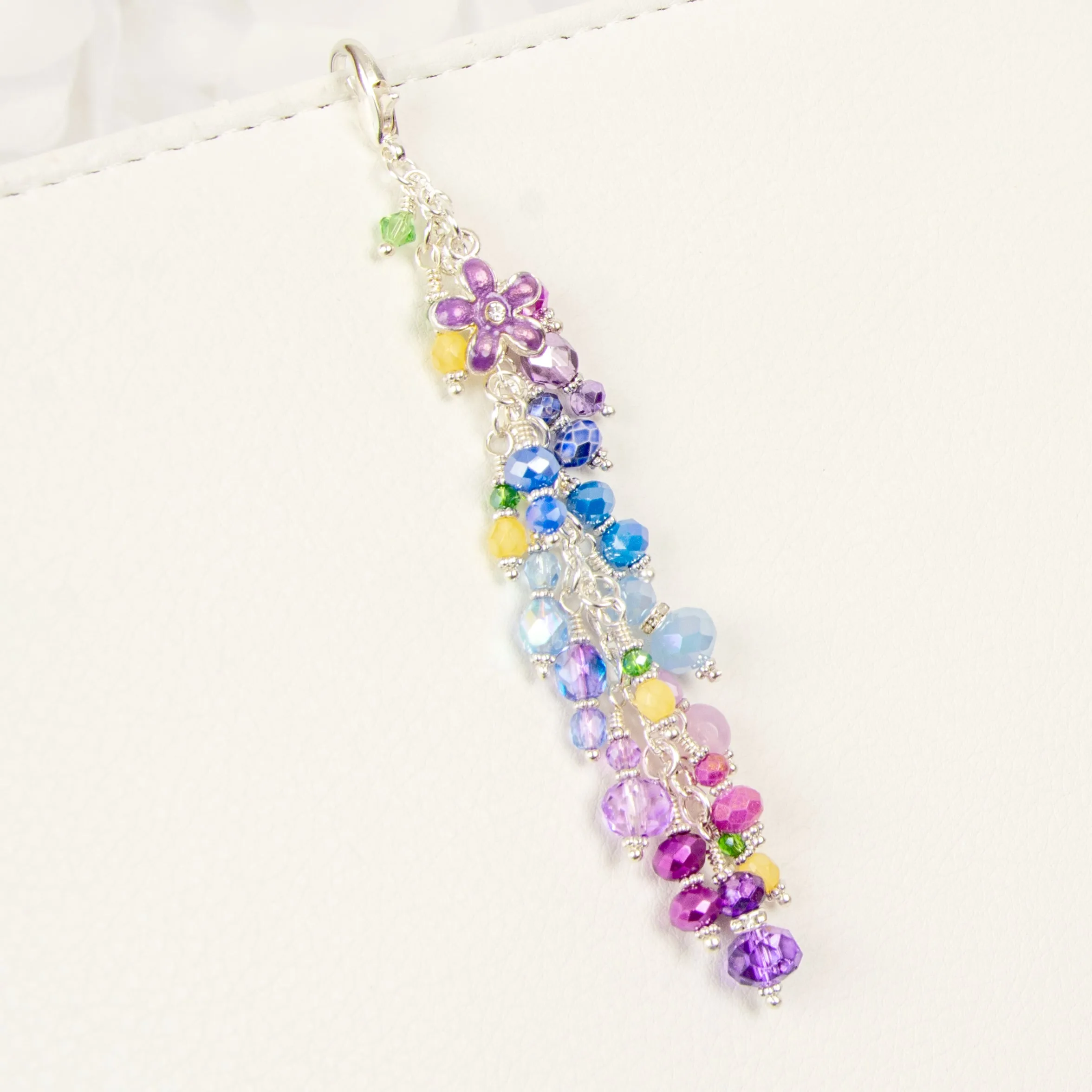 Wisteria Planner Charm with a Blue and Purple Crystal Dangle, Tiny Beaded Lemons and a Purple Flower